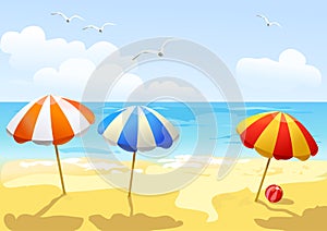 Beach and three sun umbrellas
