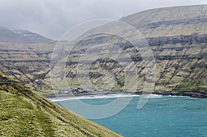 Beach in Tjornuvik, fishing village in Streymoy, Faroe Islands, Northern Europe, waves on the sea during the rainy day