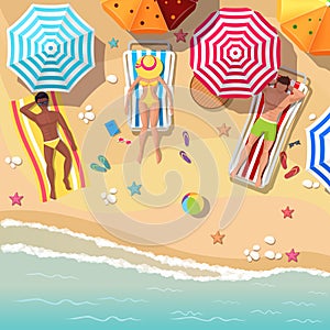 Beach top view background with sunbathers men and women