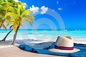 Beach towel with hat against palm trees on the caribbean tropical beach. Saona Island, Dominican Republic. Vacation travel