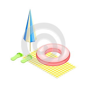 Beach Towel with Rubber Ring and Umbrella as Beach Vacation Isometric Vector Composition