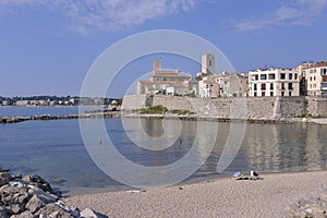 Beach and town of Antibes in France