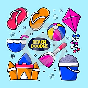 Beach toys equipment with colored Hand drawn outline