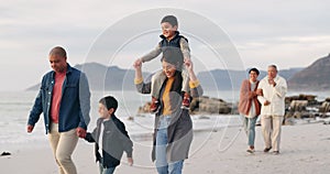 Beach, travel and family with holiday, walking and happiness with adventure, journey and love. Grandparents, mother or