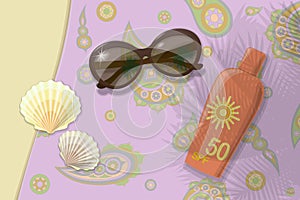 Beach travel to sea. Sunblock shells sunglasses. Vector.