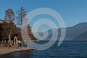 Beach and trees on the west coast of Lake Iseo