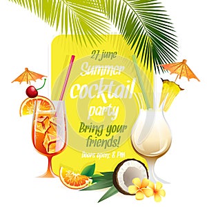 Beach tropical cocktails bahama mama and pina colada with garnish colorful poster