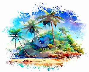 Watercolor drawing of a tropical beach with palm trees. Isolated on white background. (Additional PNG format)