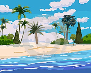 Beach tropical island, palms and plants. Coast exotic ocean sea, resort seaside summertime view. Vector illustration