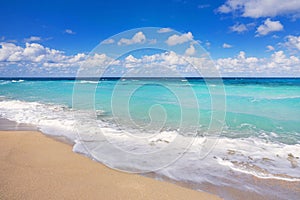 beach tropical with sand and turquoise water blue sky. Beautiful landscape with turquoise ocean. Horizon line on the background