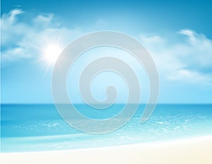 Beach and tropical sea with bright sun. Vector illustration
