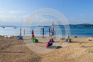 Beach in Turanj, small village in Dalmatia, Croatia, island of Pasman in background