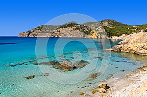 Beach turquoise sea bay mountains