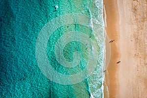 Beach with turquoise water on Fuerteventura island, Spain, Canary islands. Aerial view of sand beach, ocean texture background,