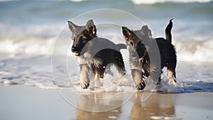 On the beach, two adorable German Shepherd pups are running and playing.