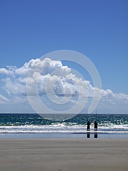 Beach: two men friends fishing