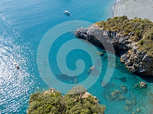 Beach and Tyrrhenian Sea, coves and promontories overlooking the sea. Italy. Aerial view, San Nicola Arcella, Calabria coastline