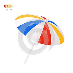 Beach Umbrella. Colorful white, blue and red striped Summer Parasol Sign. Object isolated on white background. Realistic cartoon