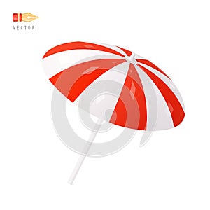 Beach Umbrella. Colorful white and red striped Summer Parasol. Object isolated on white background. Realistic cartoon 3d icon.