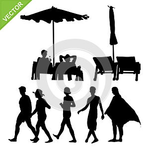 Beach umbrella and deck with peoples silhouette vector