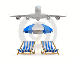 Beach umbrella and deckchair and airplane on white background. Isolated 3D illustration