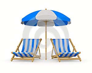 Beach umbrella and deckchair on white background. Isolated 3D illustration