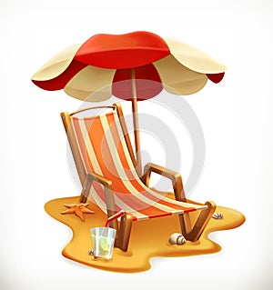 Beach umbrella and lounge chair, vector icon