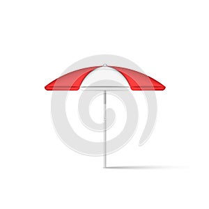 Beach umbrella realistic 3d model isolated on white, vector illustration, open parasol with striped red-white canopy protecting