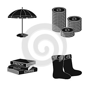 Beach umbrella, a stack of coins and other web icon in black style. dictionaries, felt boots icons in set collection.