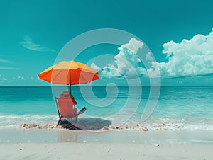 beach umbrella stuck in the sand, under which a person sits in sunglasses and reads book.