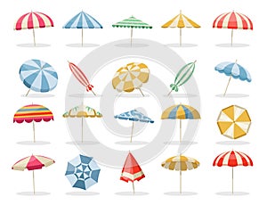 Beach umbrella. Summer parasol, protection from sun flat design, colorful top view of sea beach sunshade, holiday and