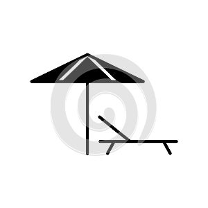 Beach umbrella and sun lounger glyph icon. Maldives attraction. Black filled symbol. Isolated vector illustration