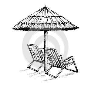 Beach umbrella with sun loungers, vector sketch isolated on white background.