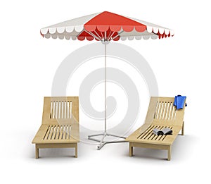 Beach umbrella and sunbeds. 3d illustration.