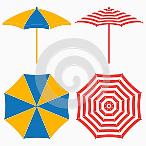Beach umbrella, top and side view. Set of striped sun parasols set. Vector.
