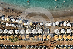 Beach with umbrellas aerial view