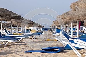Beach umbrellas with chair recliners.