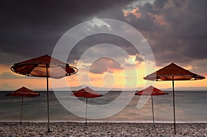 Beach umbrellas on a windy day