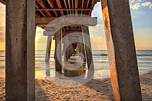 On the beach under the Naples Pier at sunset