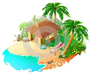 Beach vacation blue sea, green palm trees golden sand. Beautiful woman sunbathing in sun lounger. Isometric 3d