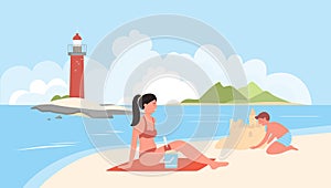 Beach vacation, cartoon happy family vacationer people spend weekend time on sea beach island