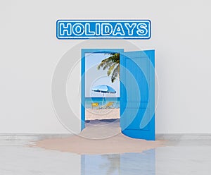 Beach Vacation Concept with Open Door and Sand