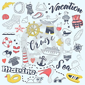 Beach Vacation Freehand Doodles with Cruise Elements. Summer Adventure Hand Drawn Set