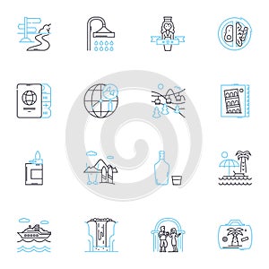 Beach vacation linear icons set. Sand, Waves, Sunscreen, Ocean, Seashells, Surfing, Tanning line vector and concept photo