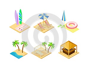 Beach Vacation and Resort Elements with Deckchair, Palm Tree, Surfboard and Bar Isometric Vector Set