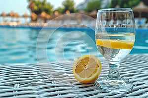 Beach vacation scene empty wine glass with lemon on table