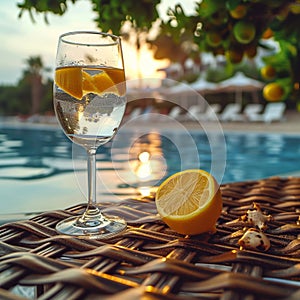 Beach vacation scene empty wine glass with lemon on table