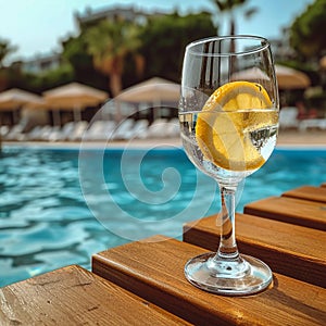 Beach vacation scene empty wine glass with lemon on table