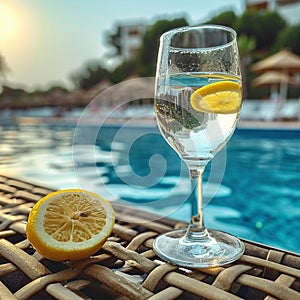 Beach vacation scene empty wine glass with lemon on table