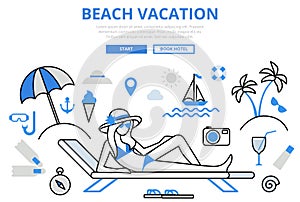 Beach vacation tropical concept flat line art vector icons